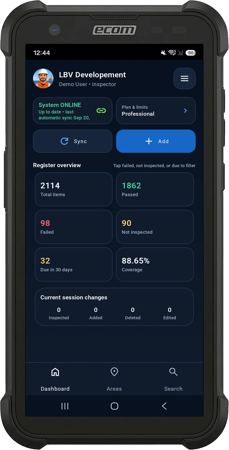 EXREG mobile dashboard on an ecom rugged device showing sync status, equipment totals and inspection coverage
