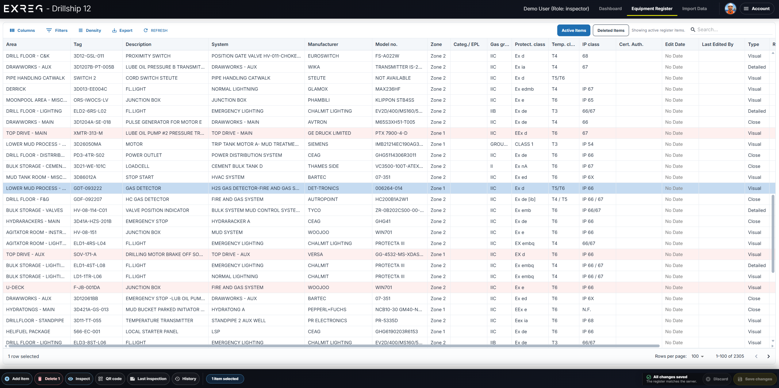 EXREG equipment register showing asset tags, locations, manufacturers, hazardous-area zones and inspection types