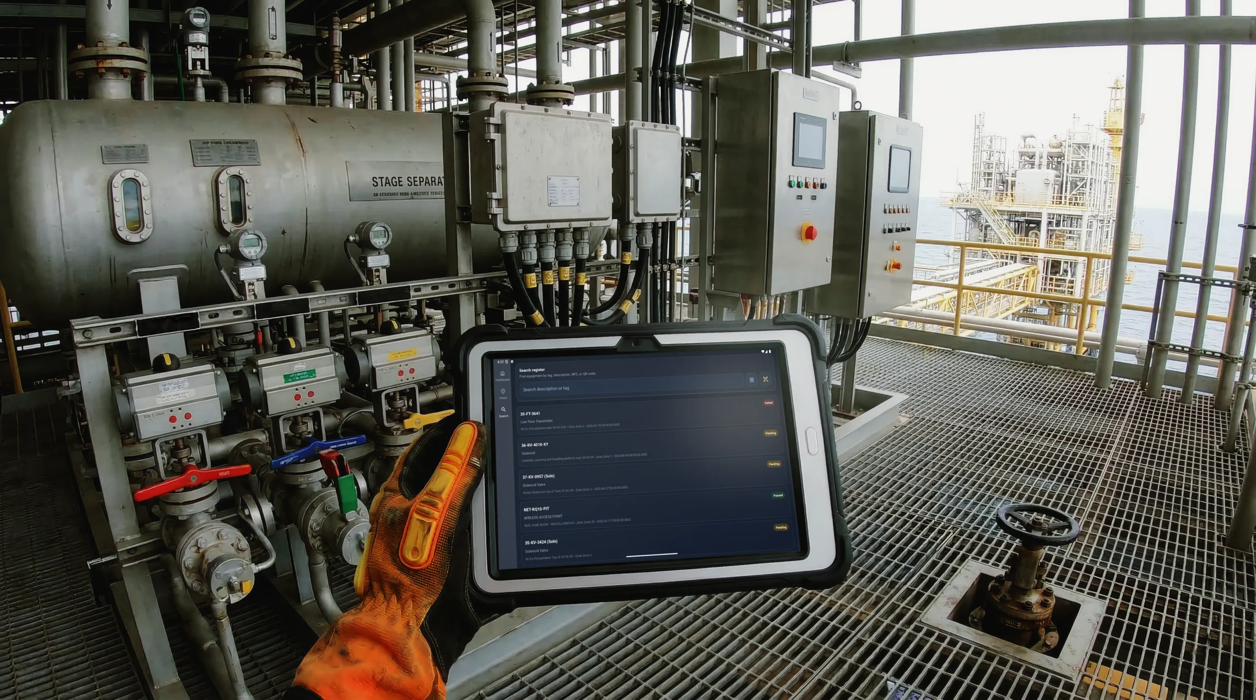 EXREG mobile equipment register on a rugged tablet beside industrial equipment during an EX inspection