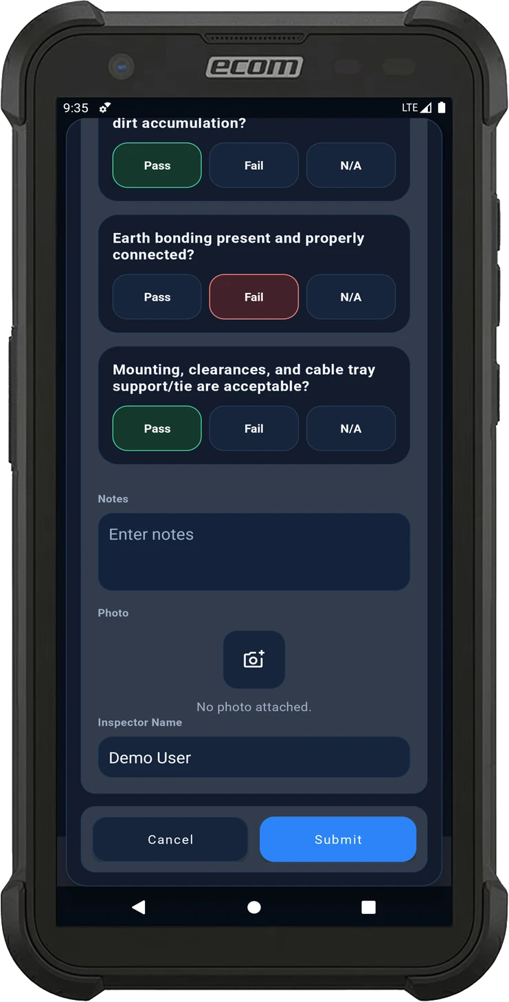 EXREG Android inspection checklist screen