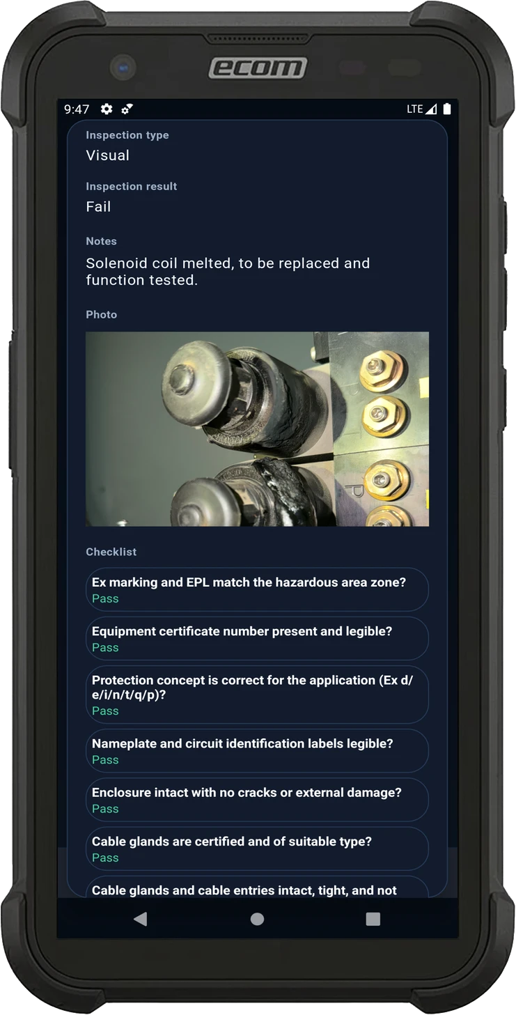 EXREG Android inspection results screen