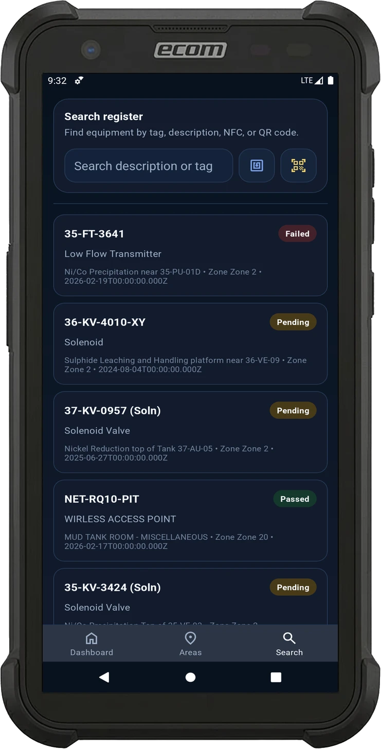 EXREG Android search register screen